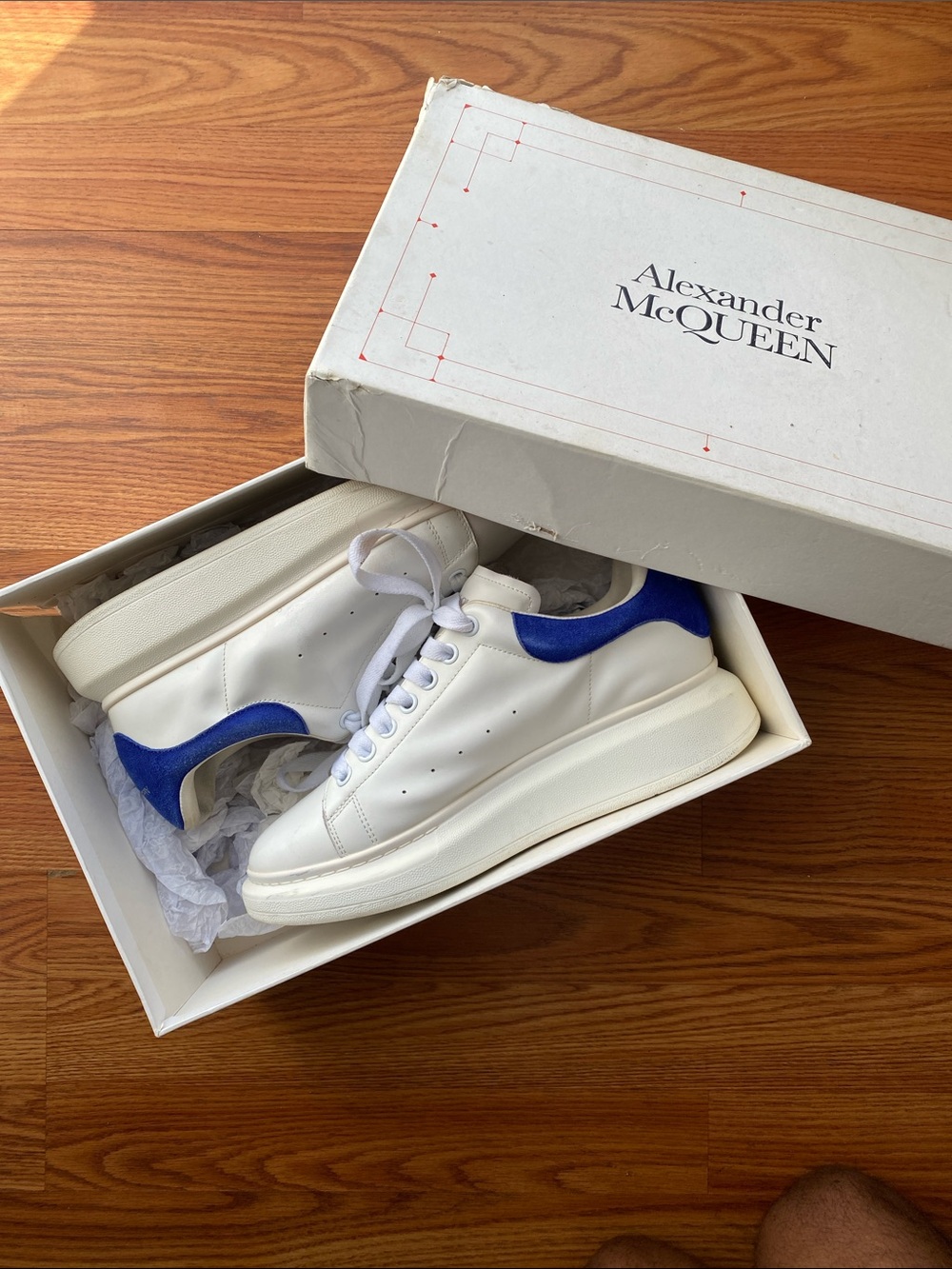 Alexander McQueen White Leather Sneakers with Blue Heel Accent